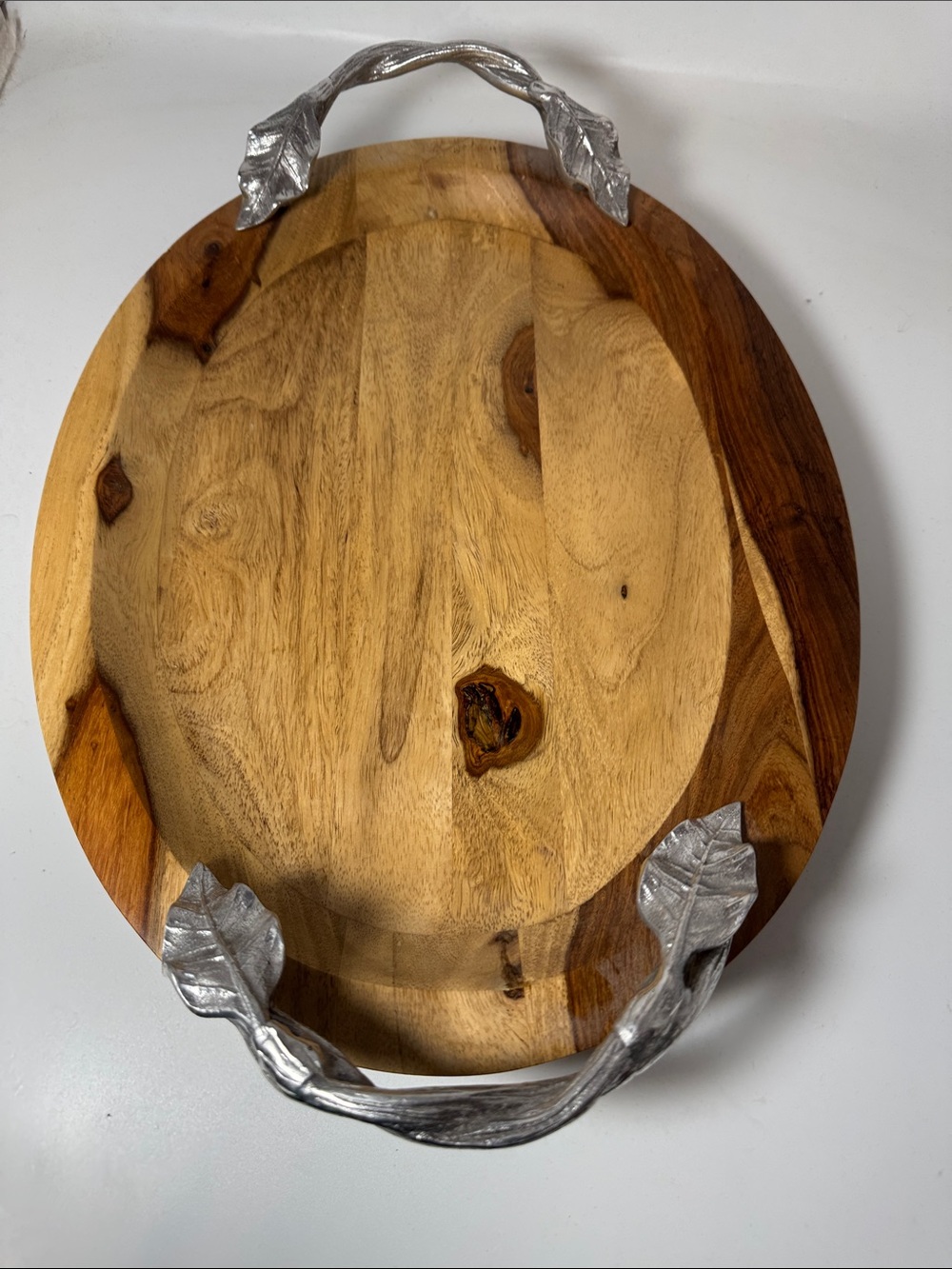 NWT Wood Serving Tray with Pewter Leaf Handles